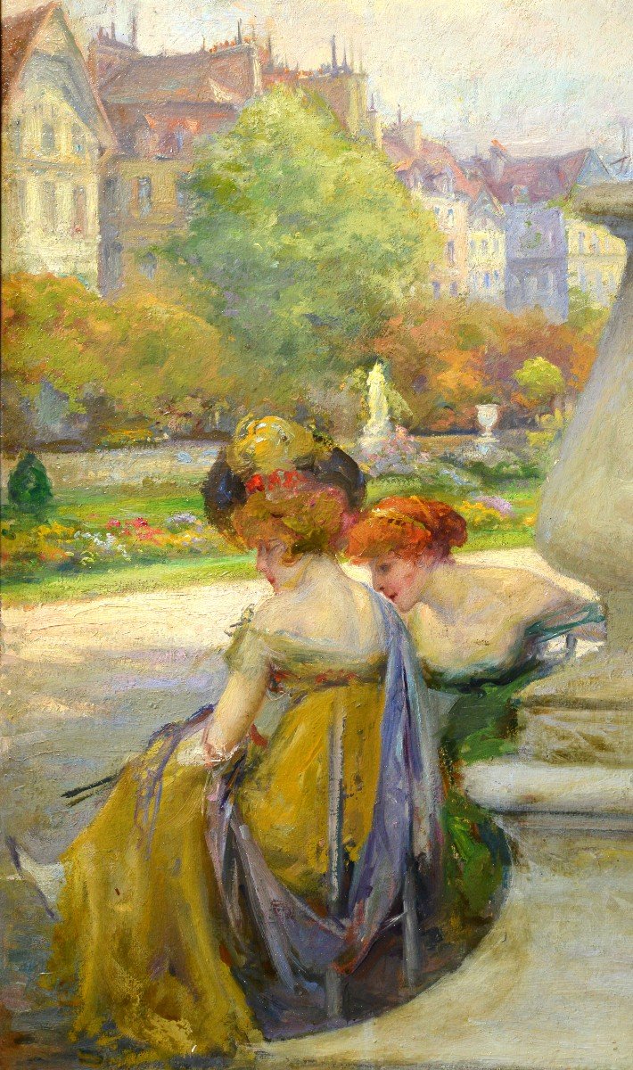 French Genre Scene In Parisian Park 19th Century Oil Painting By Emile Tabary-photo-4