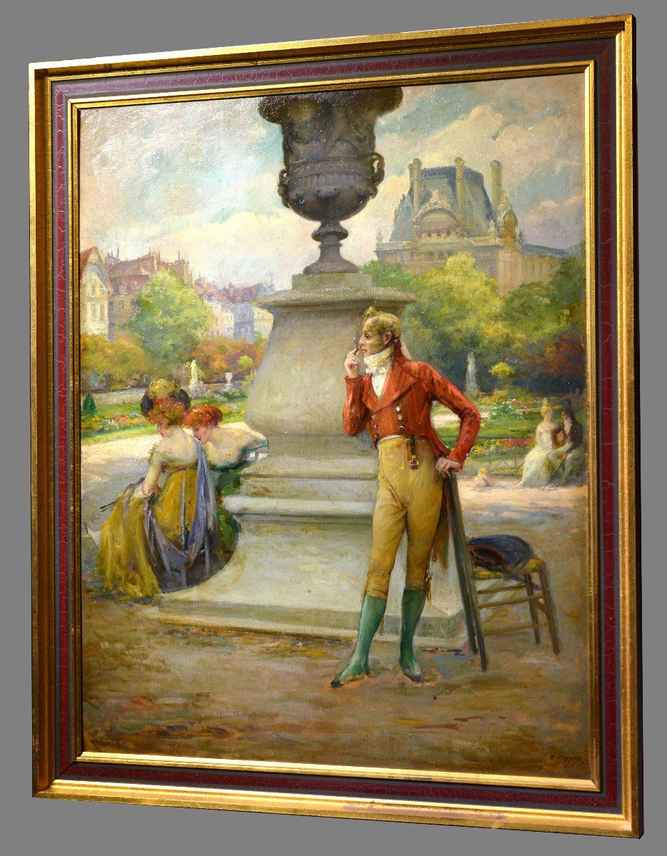 French Genre Scene In Parisian Park 19th Century Oil Painting By Emile Tabary-photo-6