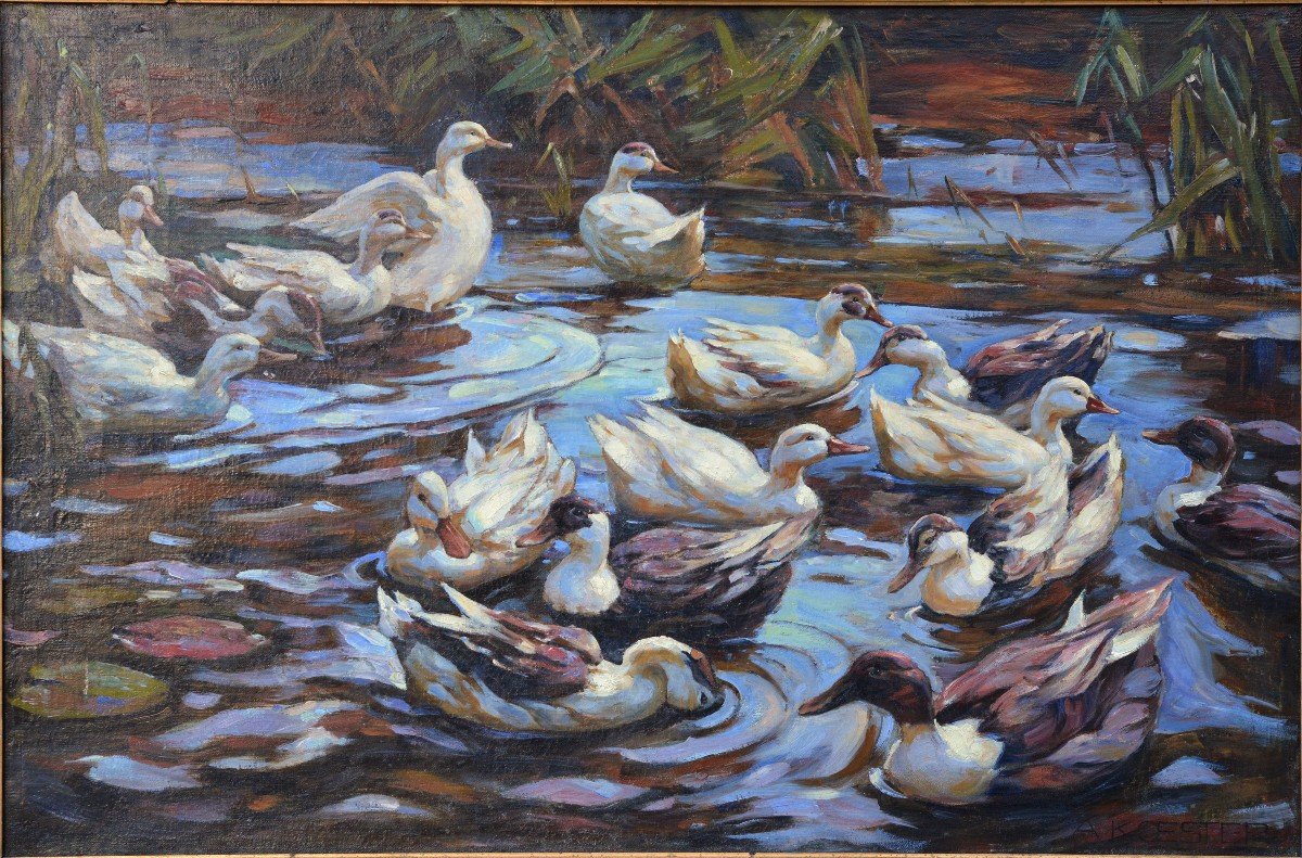 Chef-d'œuvre moderniste allemand Canards dans la peinture à l'huile d'étang par Alexander Koester-photo-3