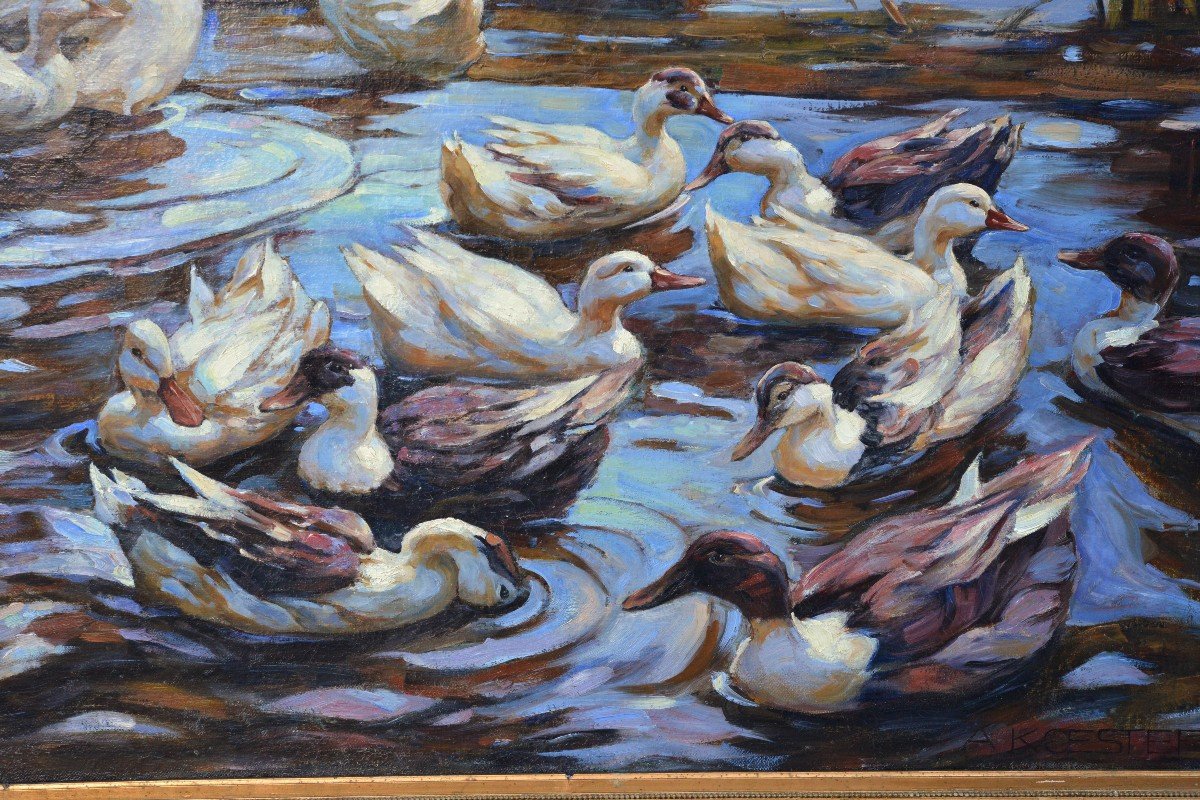 Chef-d'œuvre moderniste allemand Canards dans la peinture à l'huile d'étang par Alexander Koester-photo-1
