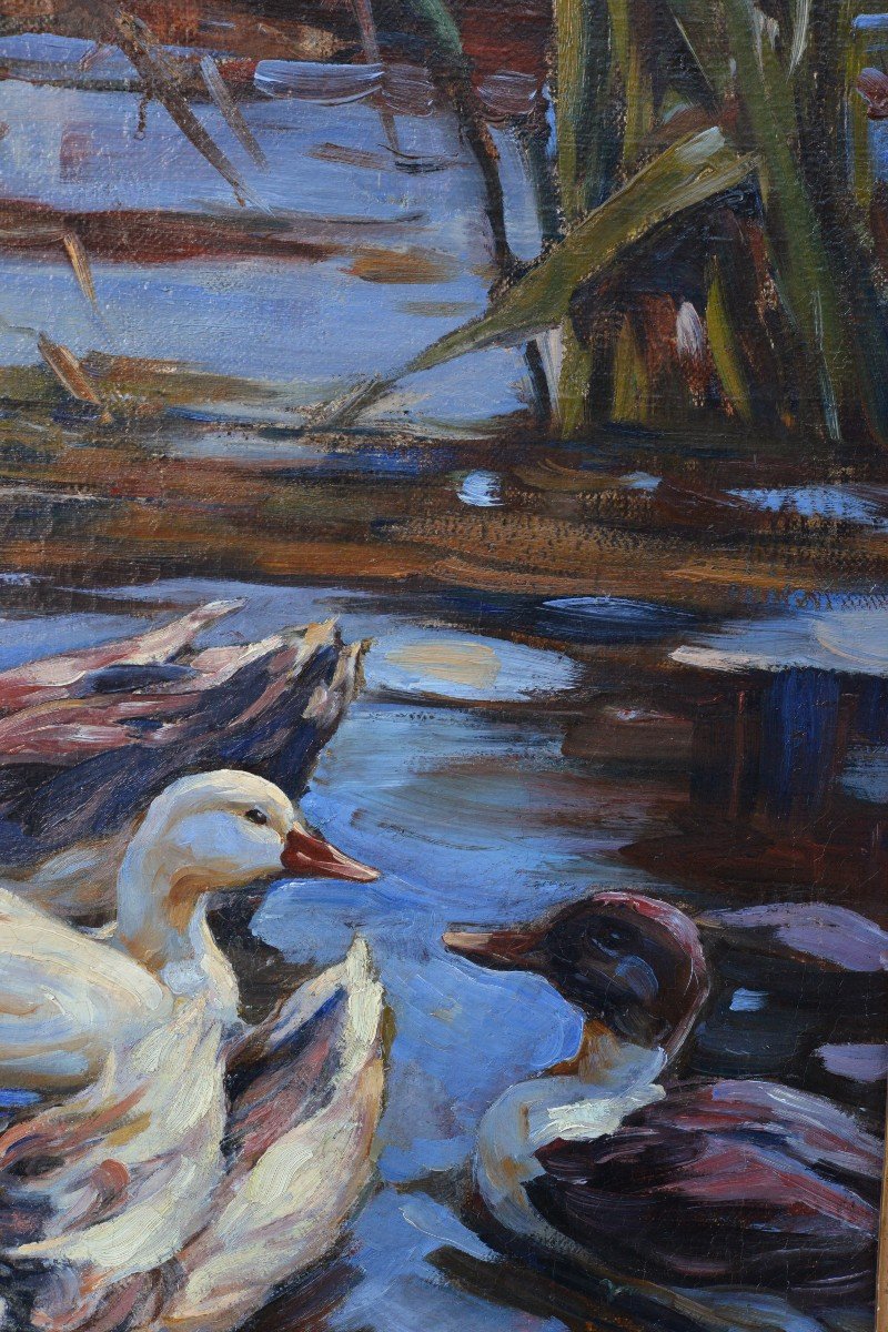 Chef-d'œuvre moderniste allemand Canards dans la peinture à l'huile d'étang par Alexander Koester-photo-2