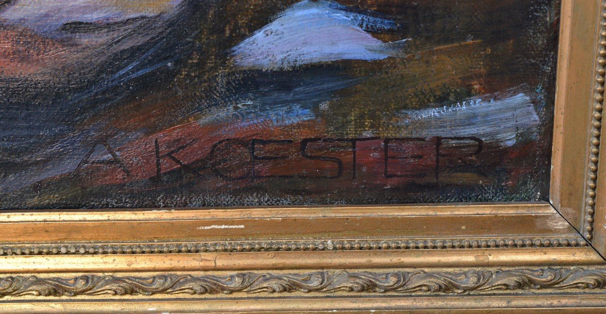 Chef-d'œuvre moderniste allemand Canards dans la peinture à l'huile d'étang par Alexander Koester-photo-3