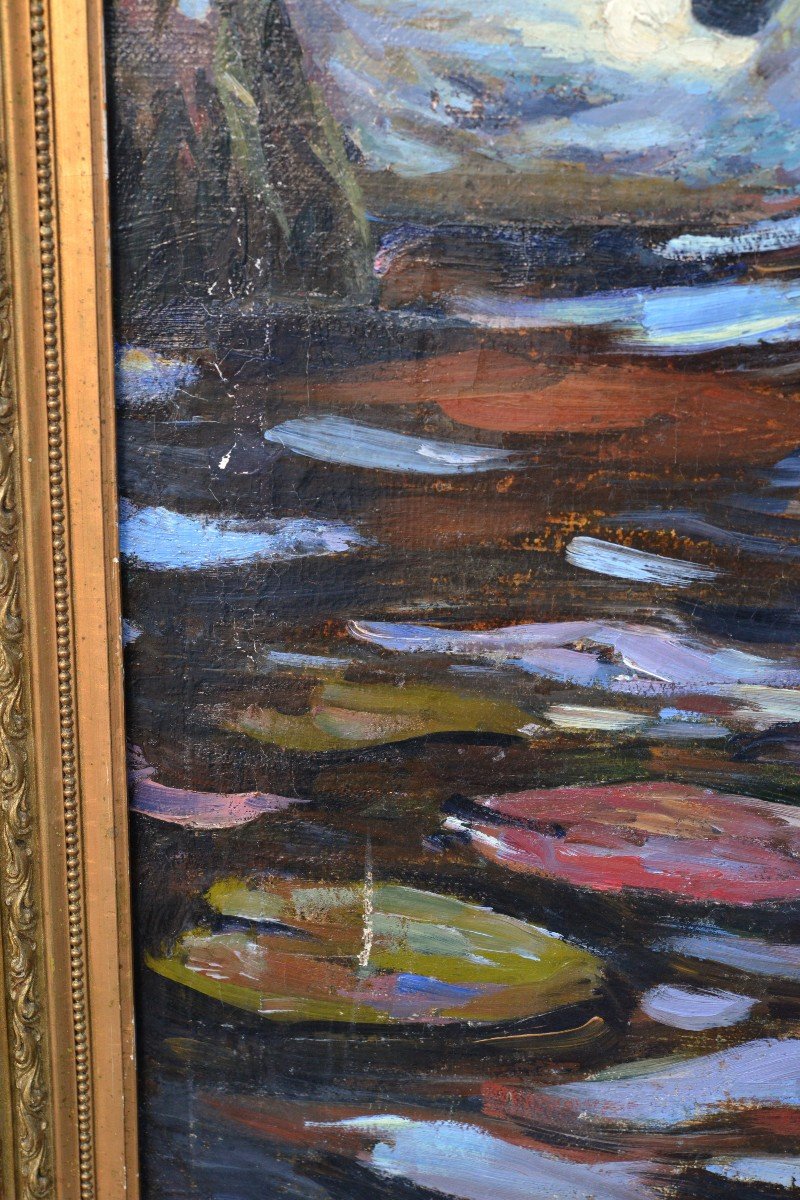 Chef-d'œuvre moderniste allemand Canards dans la peinture à l'huile d'étang par Alexander Koester-photo-4