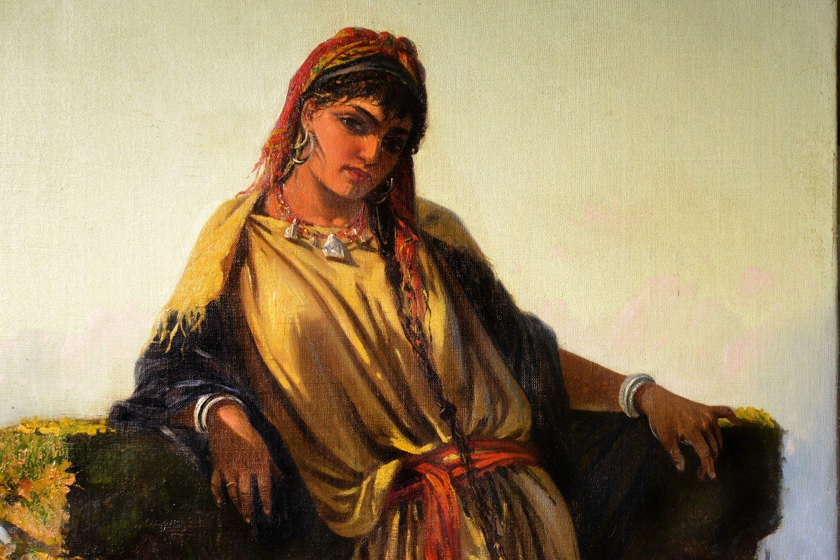 Portrait De Genre Italien Beauté Du Moyen-orient à Un Puits Peinture à l'Huile Du XIXe Siècle-photo-3