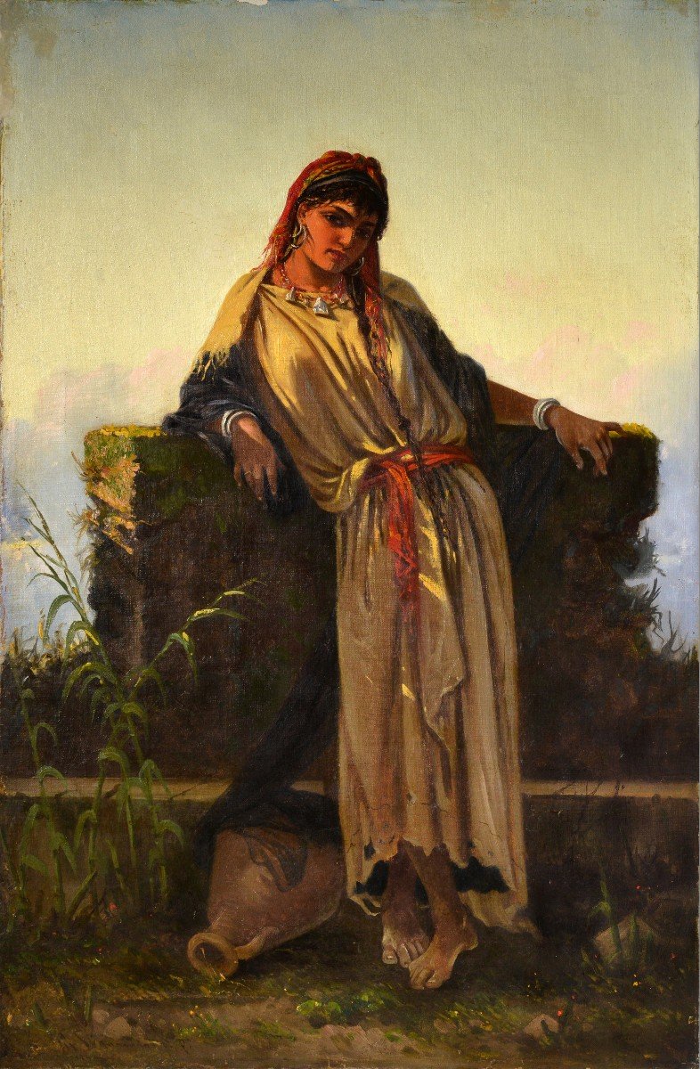 Portrait De Genre Italien Beauté Du Moyen-orient à Un Puits Peinture à l'Huile Du XIXe Siècle