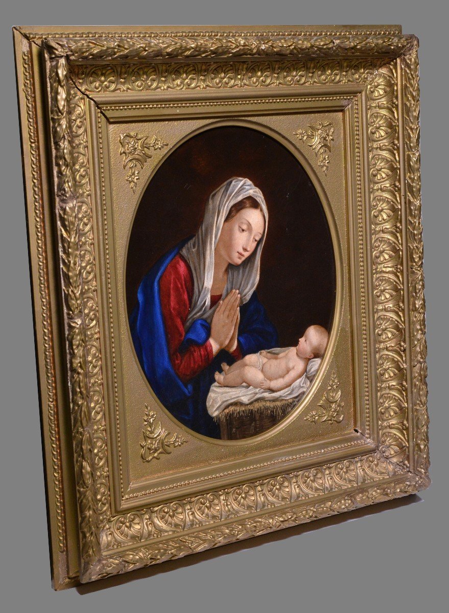 Scène Religieuse Vierge Penchée Et Priant Devant Un Enfant Peinture à l'Huile XIXe Siècle-photo-2