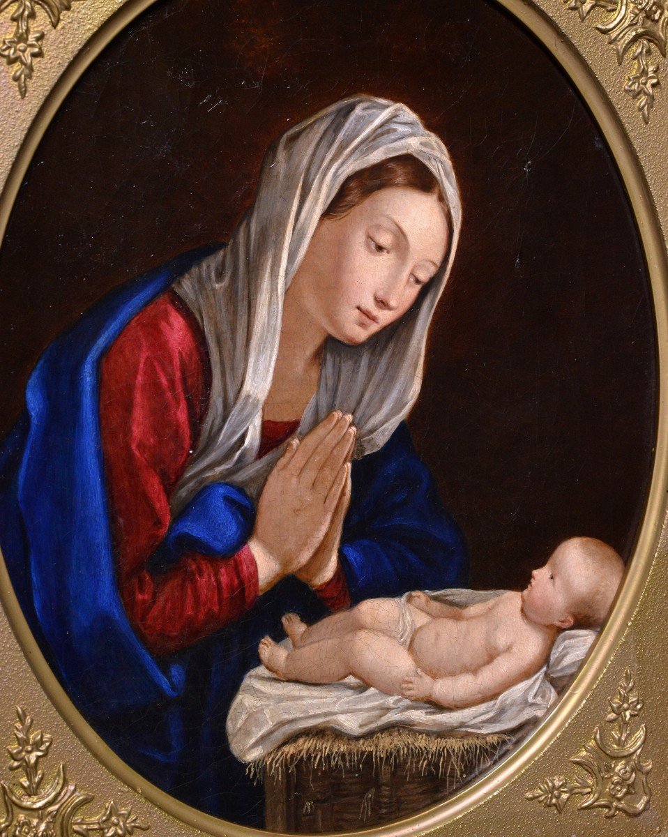 Scène Religieuse Vierge Penchée Et Priant Devant Un Enfant Peinture à l'Huile XIXe Siècle-photo-3