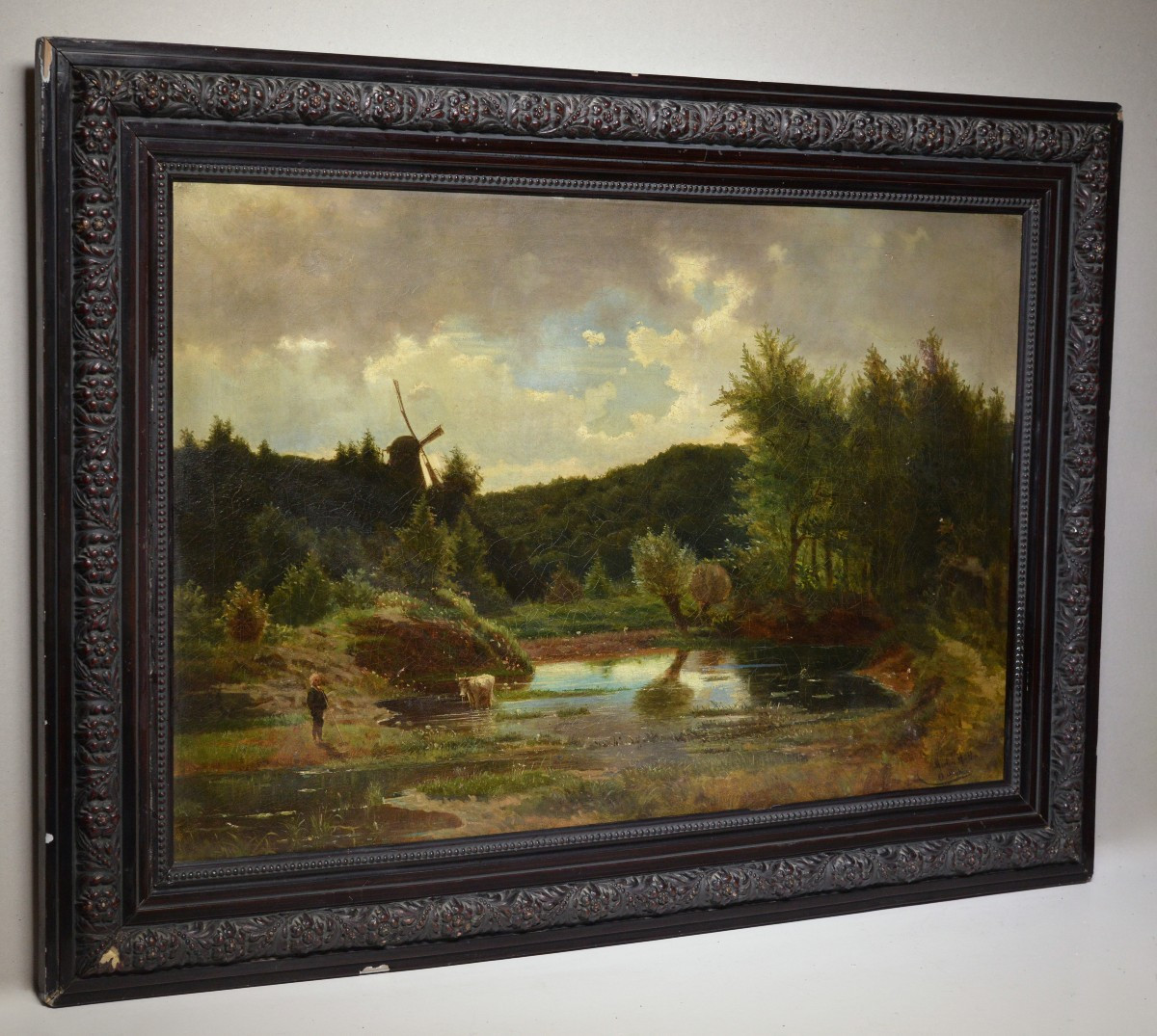 Antique 19th Century Norwegian Artists Oil Painting Pastoral Windmill Shepherd-photo-2