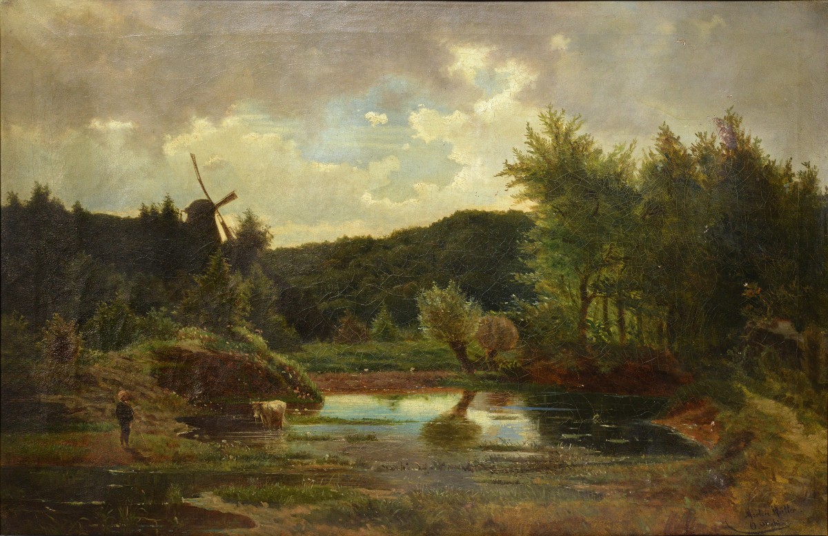 Antique 19th Century Norwegian Artists Oil Painting Pastoral Windmill Shepherd-photo-3