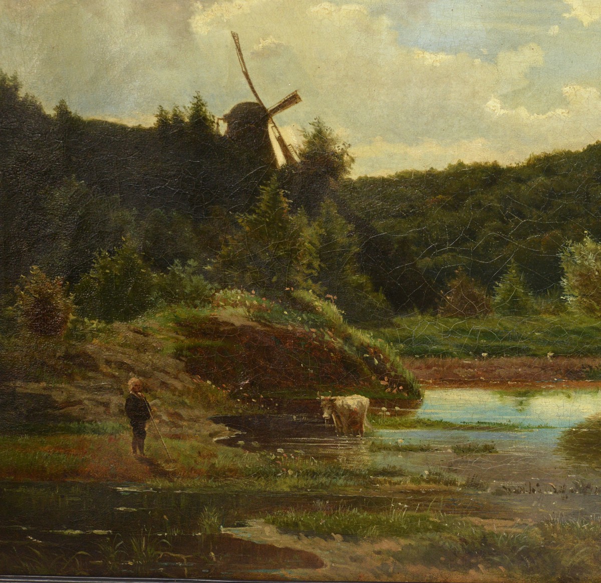 Antique 19th Century Norwegian Artists Oil Painting Pastoral Windmill Shepherd-photo-4