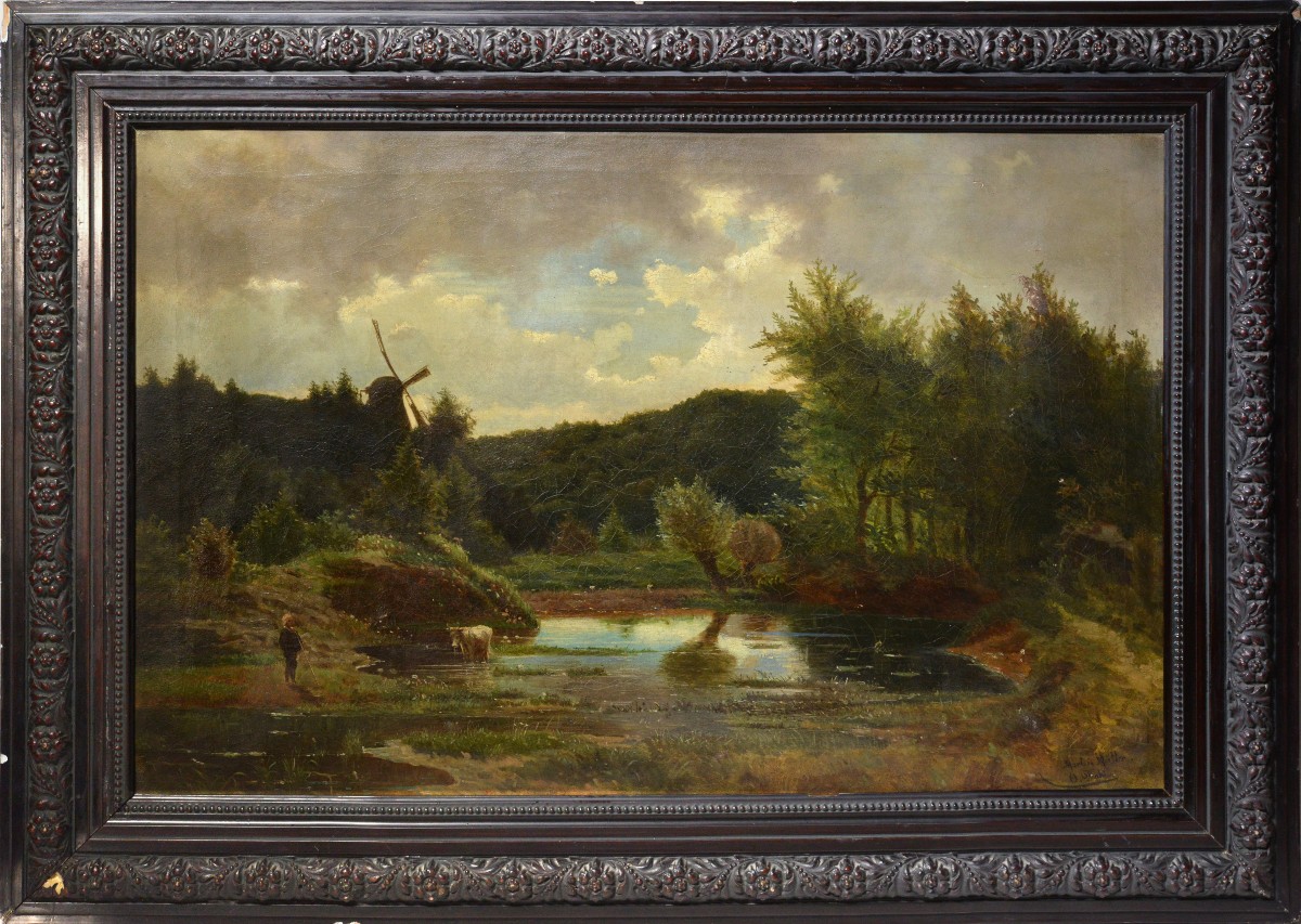 Antique 19th Century Norwegian Artists Oil Painting Pastoral Windmill Shepherd