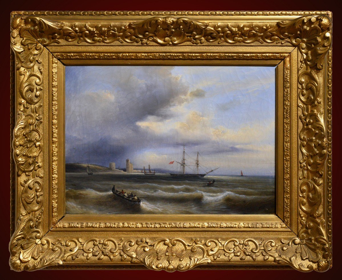 French Seascape Ships Off Saint Vaast La Hougue Masterwork Ferdinand Perrot