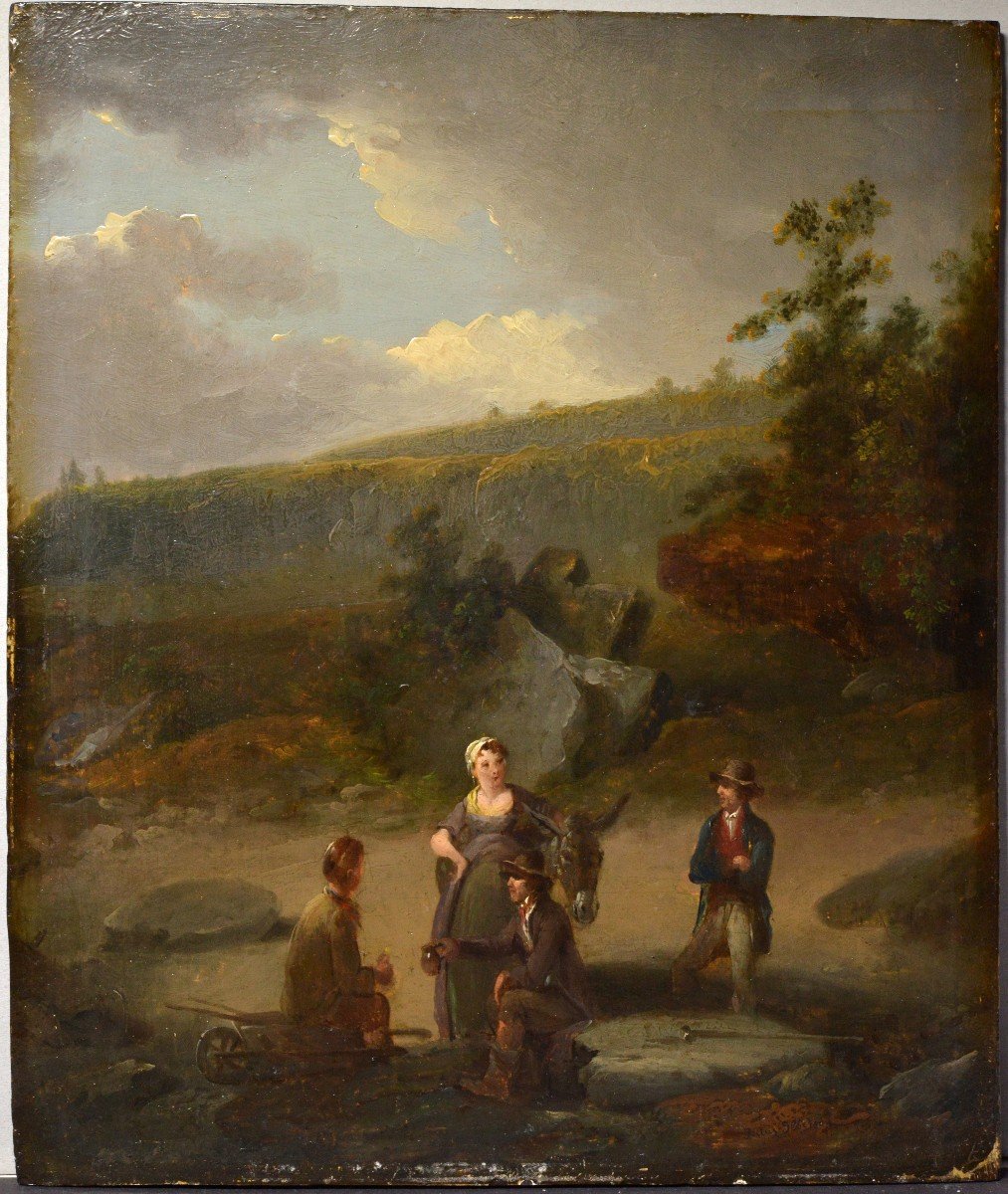 Paysage Britannique Dialogue à l'Heure Du Déjeuner XVIIIe Siècle Peinture à l'Huile Sur Bois