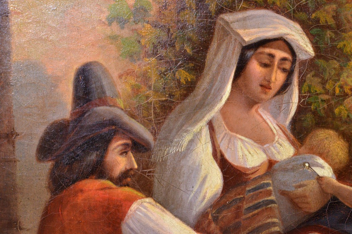 Scène De Genre Italienne Famille En Halte 19ème Siècle Peinture à l'Huile Encadrée-photo-3