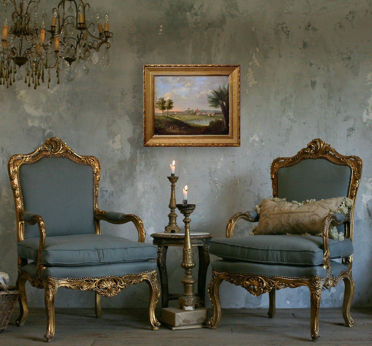 Paysage Baroque Allemand Colonie Près Du Lac 18e Siècle Peinture à l'Huile Signée-photo-3
