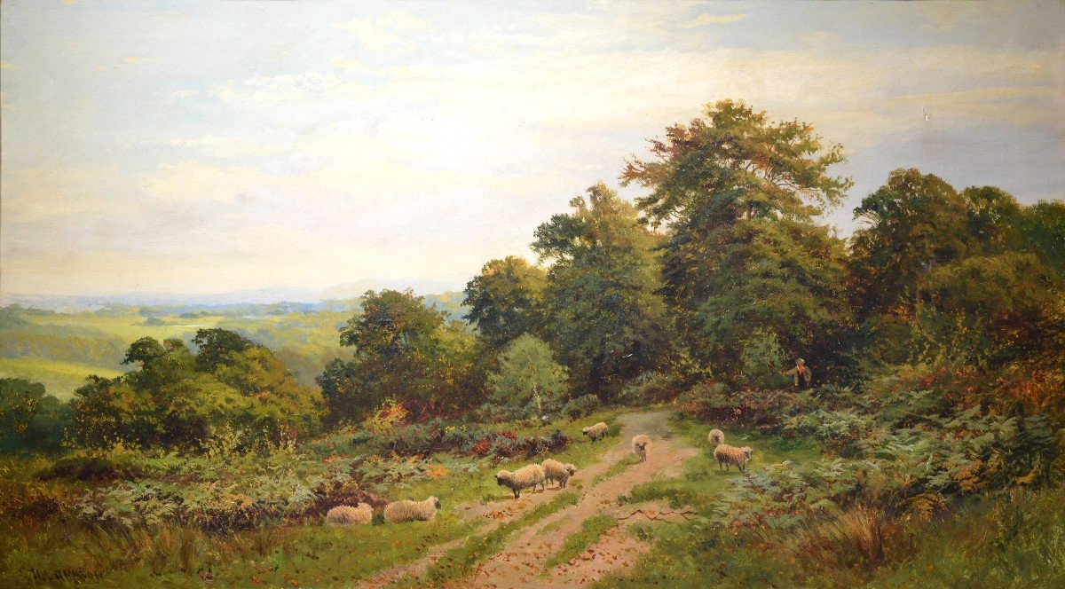 Paysage Panoramique Pastoral Berger Avec Moutons Grande Peinture à l'Huile De Lawson
