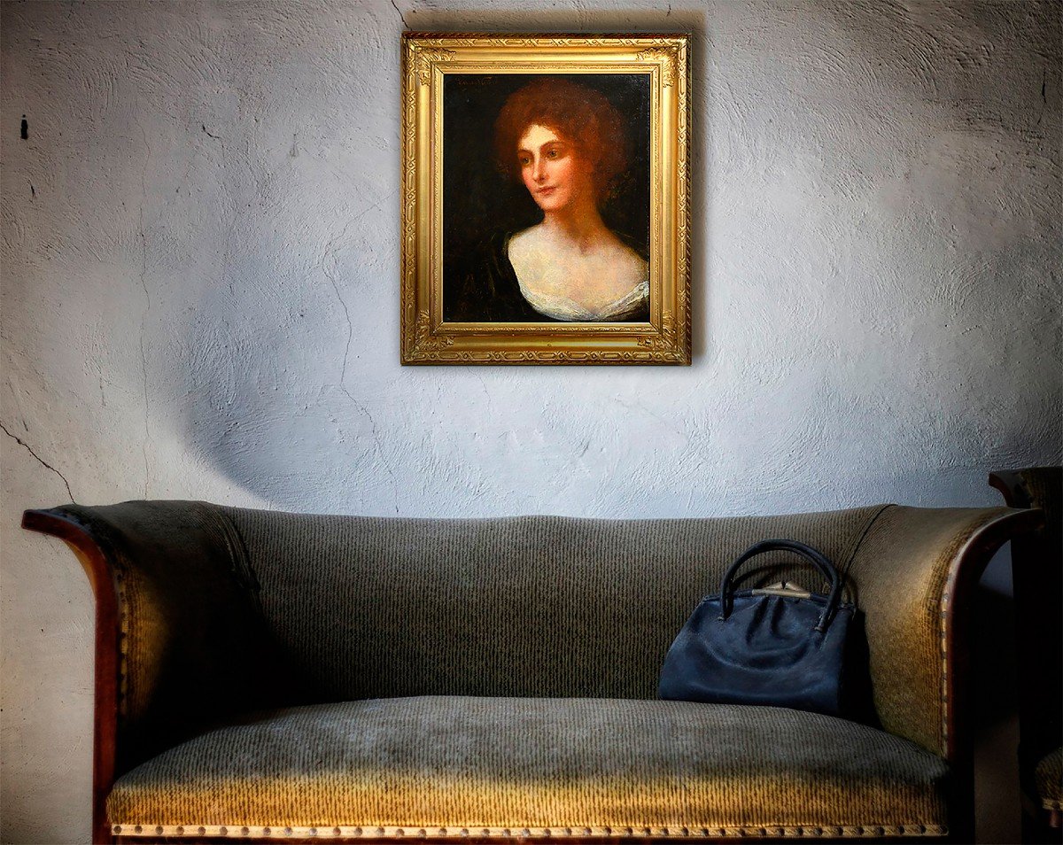 Portrait de dame rousse aux yeux émeraude Peinture à l'huile du XIXe siècle par Walker-photo-2
