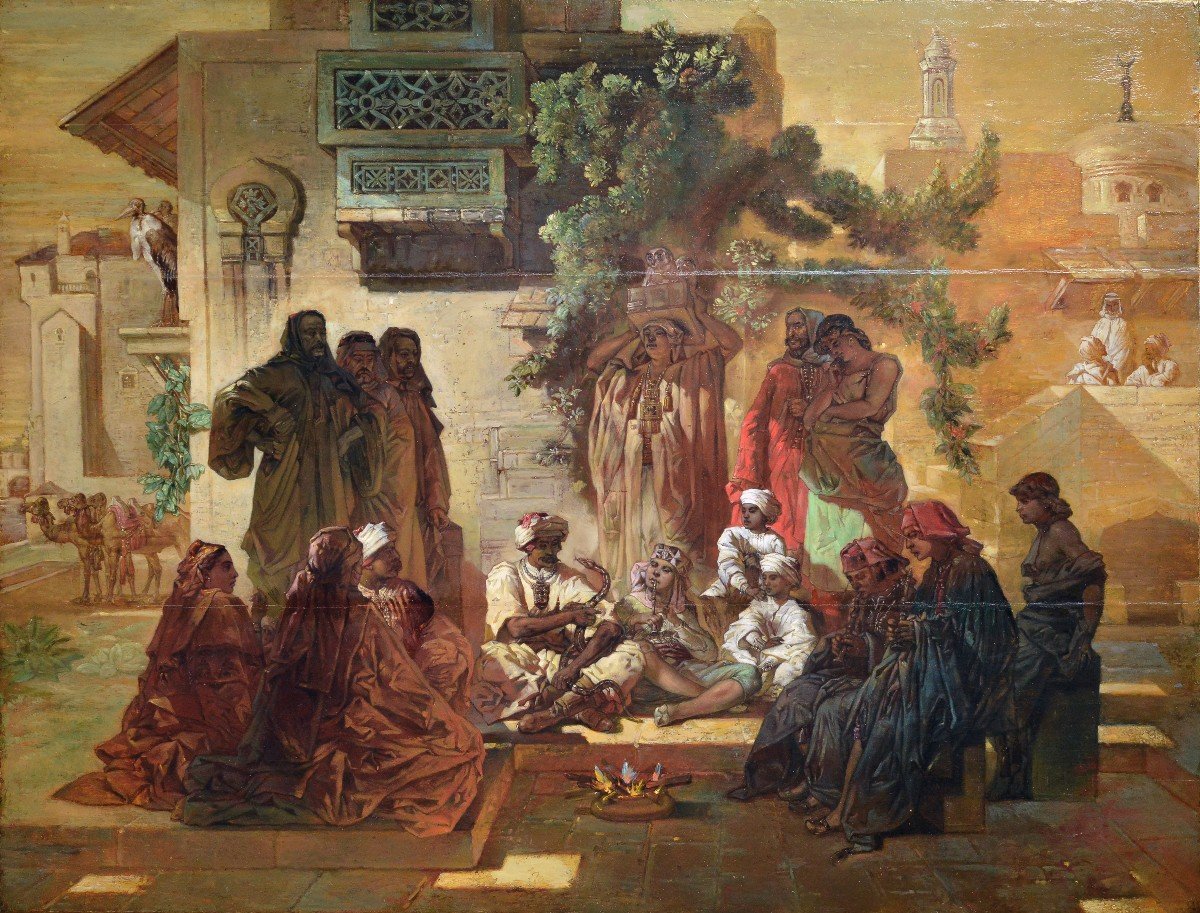 French Genre Scene Street Snake Charmer 19th Century Oil Painting By Lecurieux-photo-2