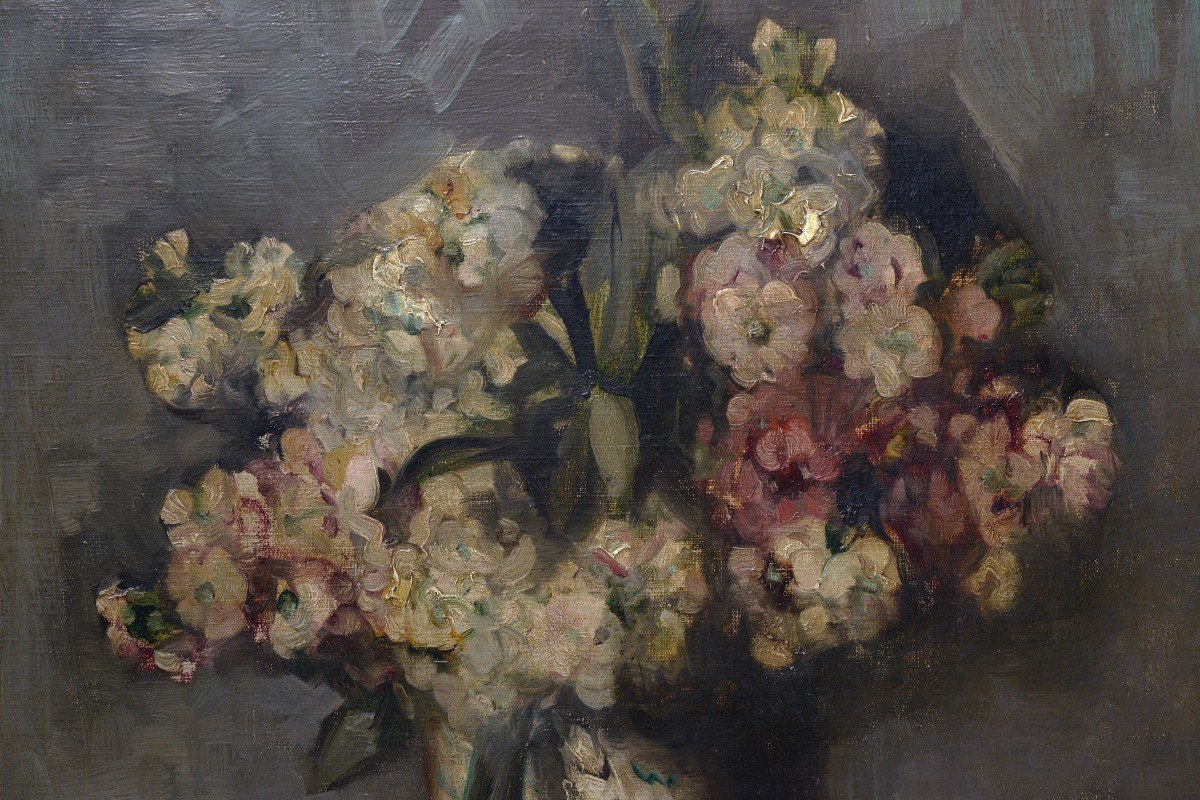 Nature Morte Moderne Russe Bouquet De Fleurs Début Du XXe Siècle Peinture à l'Huile Signée-photo-3