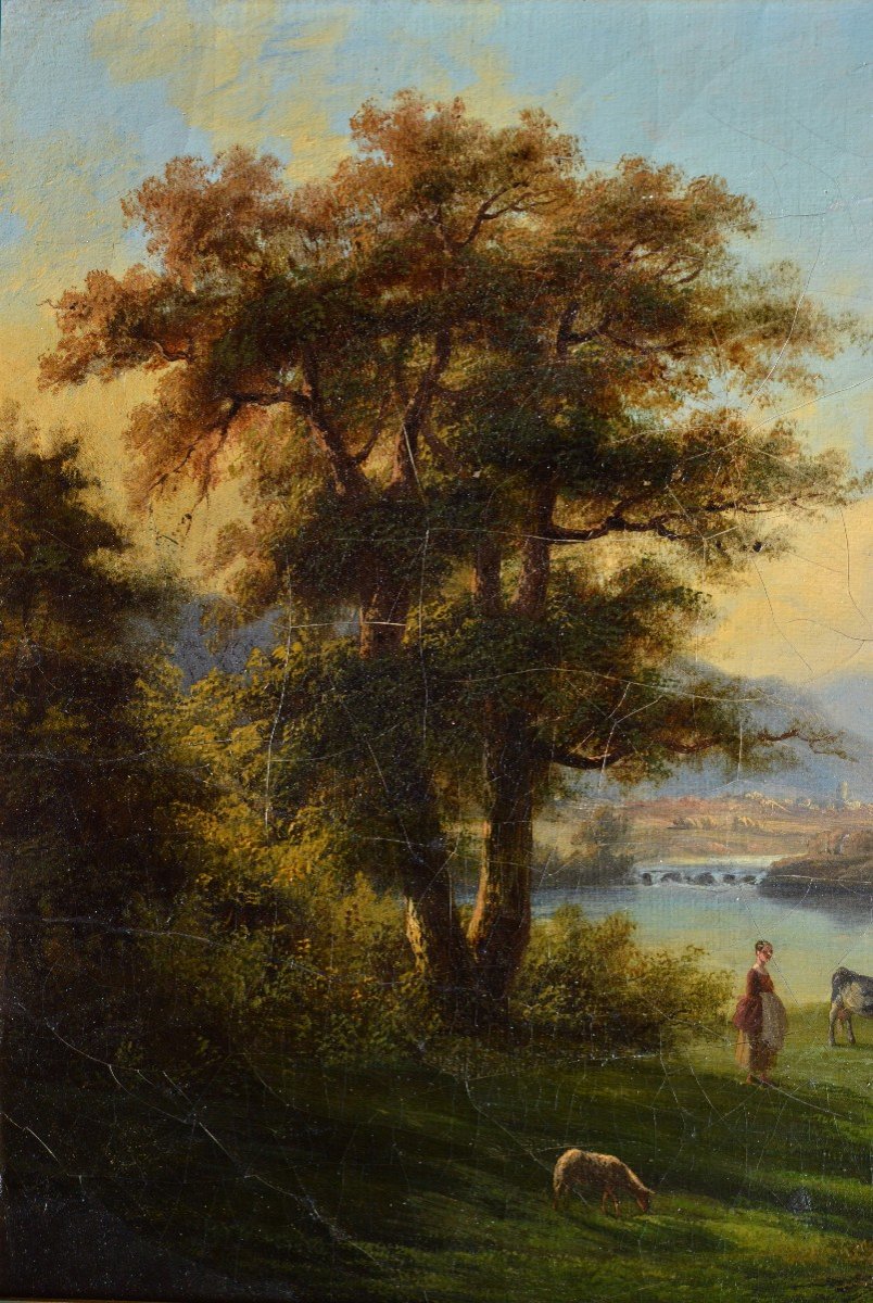 Paysage Pastoral Suisse Vallée Alpine Au Coucher Du Soleil 19e Siècle Peinture à l'Huile Par He-photo-1