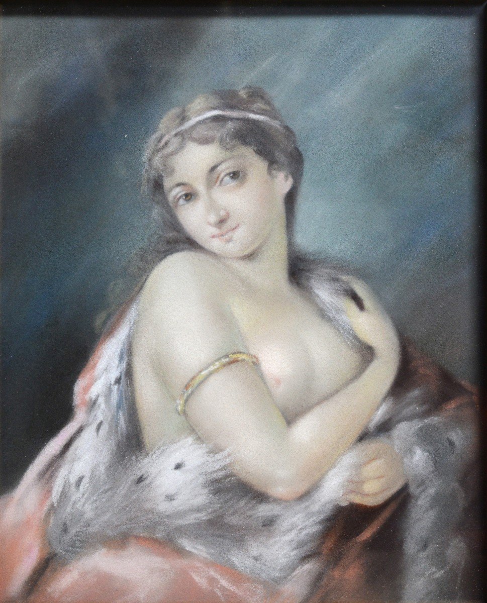 Portrait Rococo Femme Nue En Manteau Royal Début Du XXe Siècle Dessin Au Pastel-photo-2