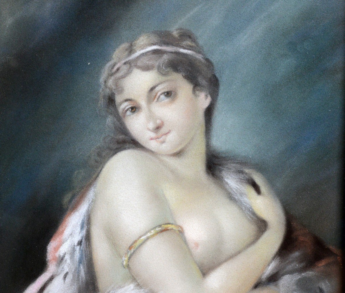Rococo Portrait Nude Lady In Royal Mantle Early 20th Century Pastel Drawing-photo-3