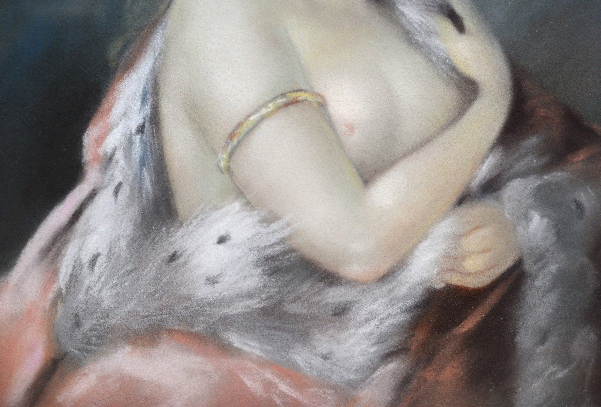 Rococo Portrait Nude Lady In Royal Mantle Early 20th Century Pastel Drawing-photo-4