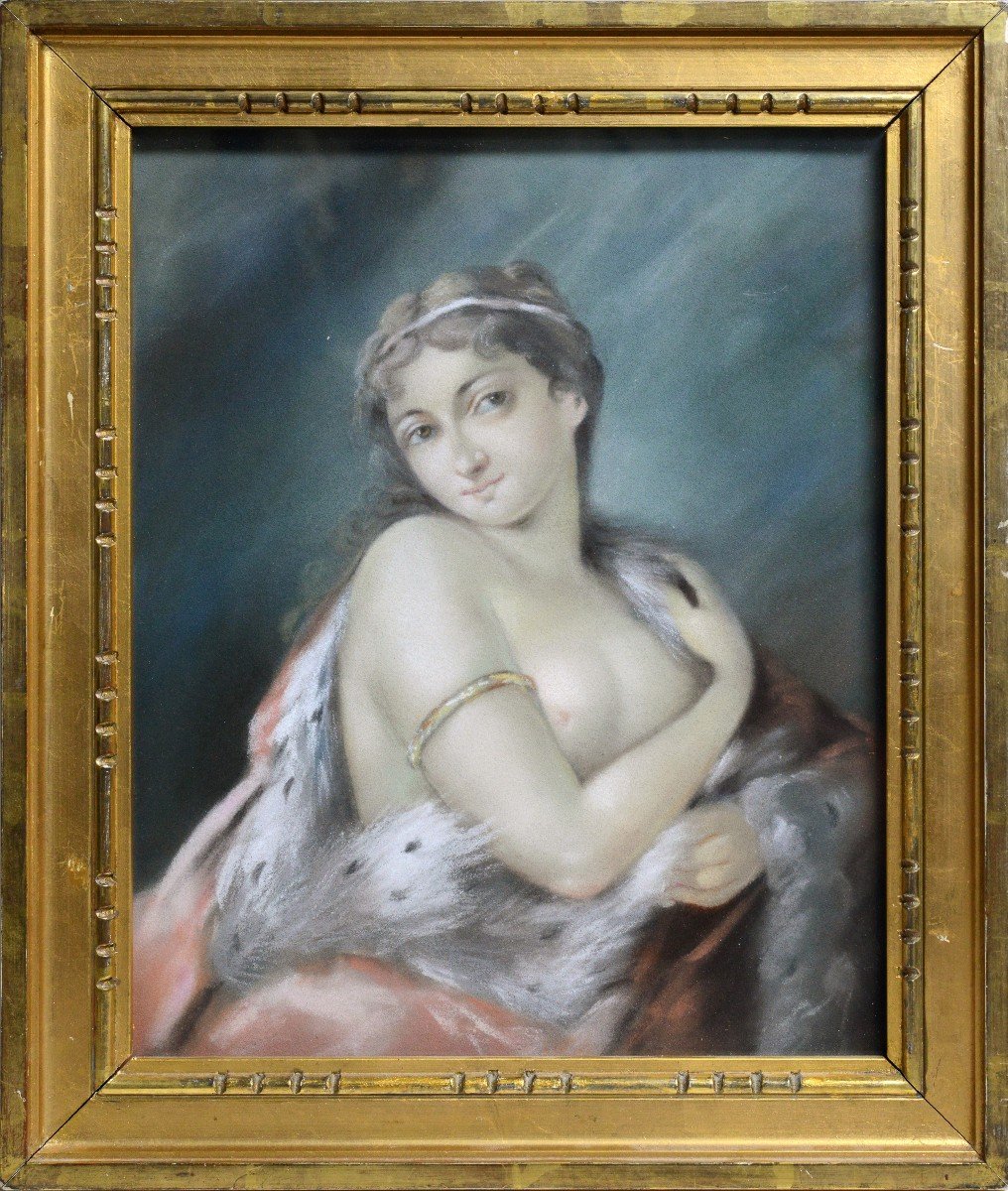 Portrait Rococo Femme Nue En Manteau Royal Début Du XXe Siècle Dessin Au Pastel