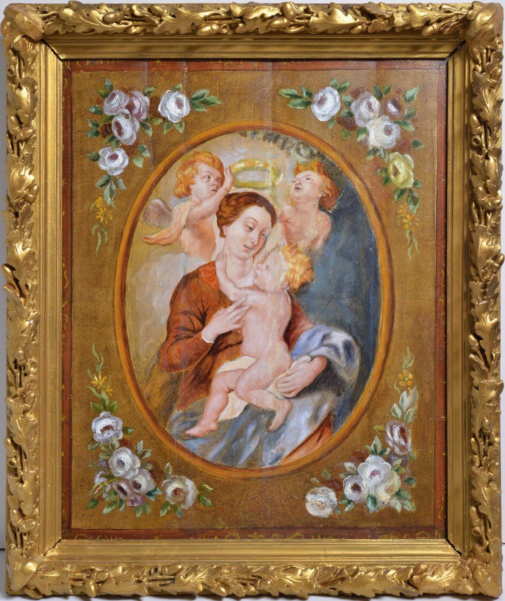 Dutch Baroque Madonna W Child And Flowers Old Master Peinture à l'Huile