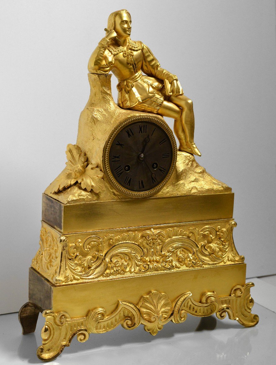 Pendule Antique Figurative En Bronze Doré Avec Poète De La Renaissance Début Du XIXe Siècle-photo-2