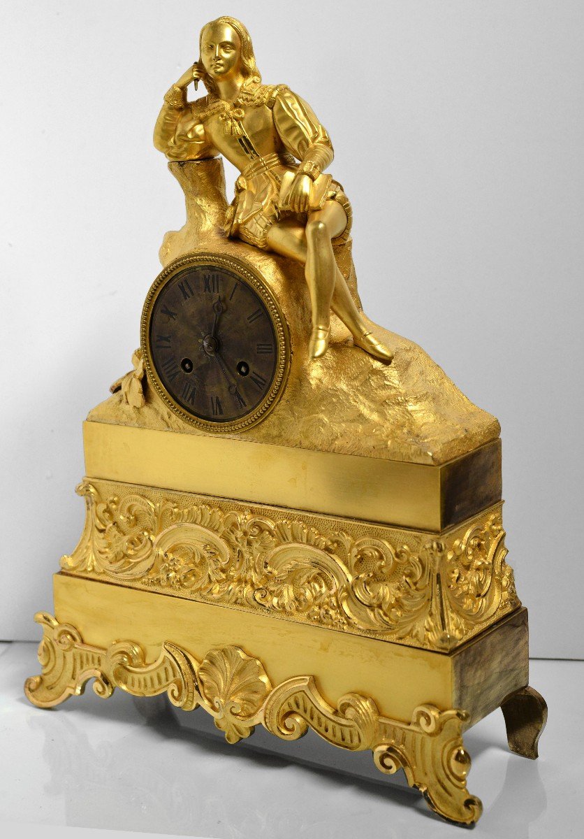 Pendule Antique Figurative En Bronze Doré Avec Poète De La Renaissance Début Du XIXe Siècle-photo-3