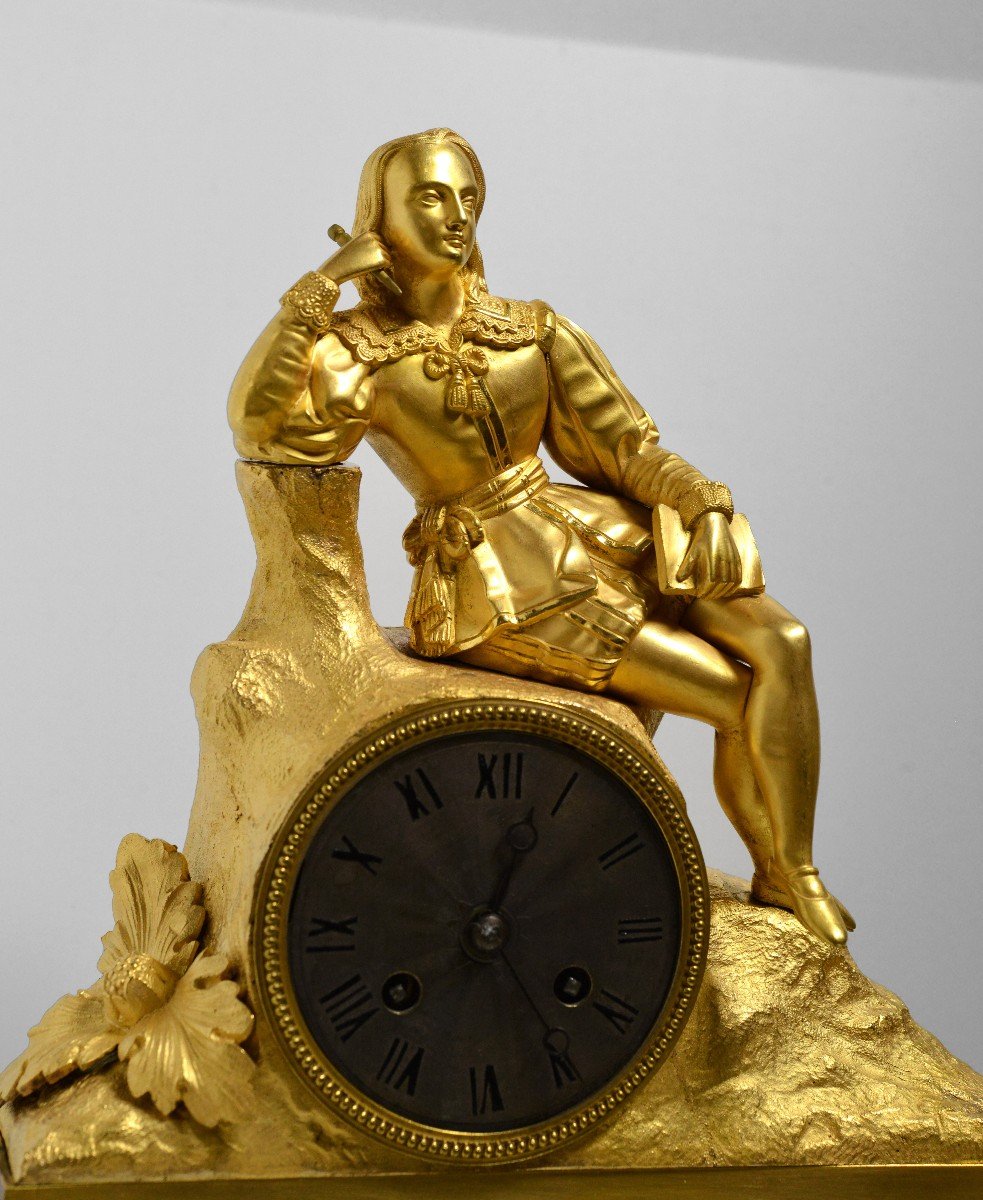 Pendule Antique Figurative En Bronze Doré Avec Poète De La Renaissance Début Du XIXe Siècle-photo-1