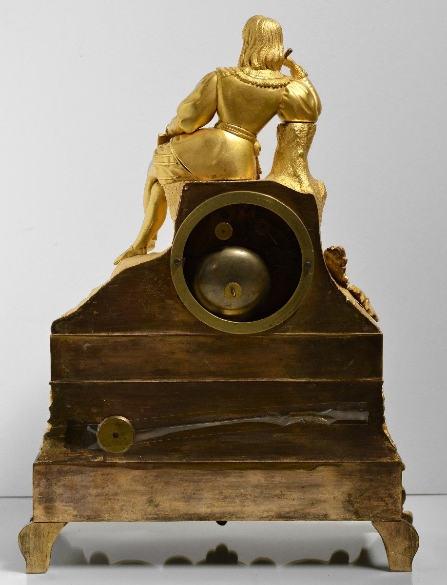 Pendule Antique Figurative En Bronze Doré Avec Poète De La Renaissance Début Du XIXe Siècle-photo-5