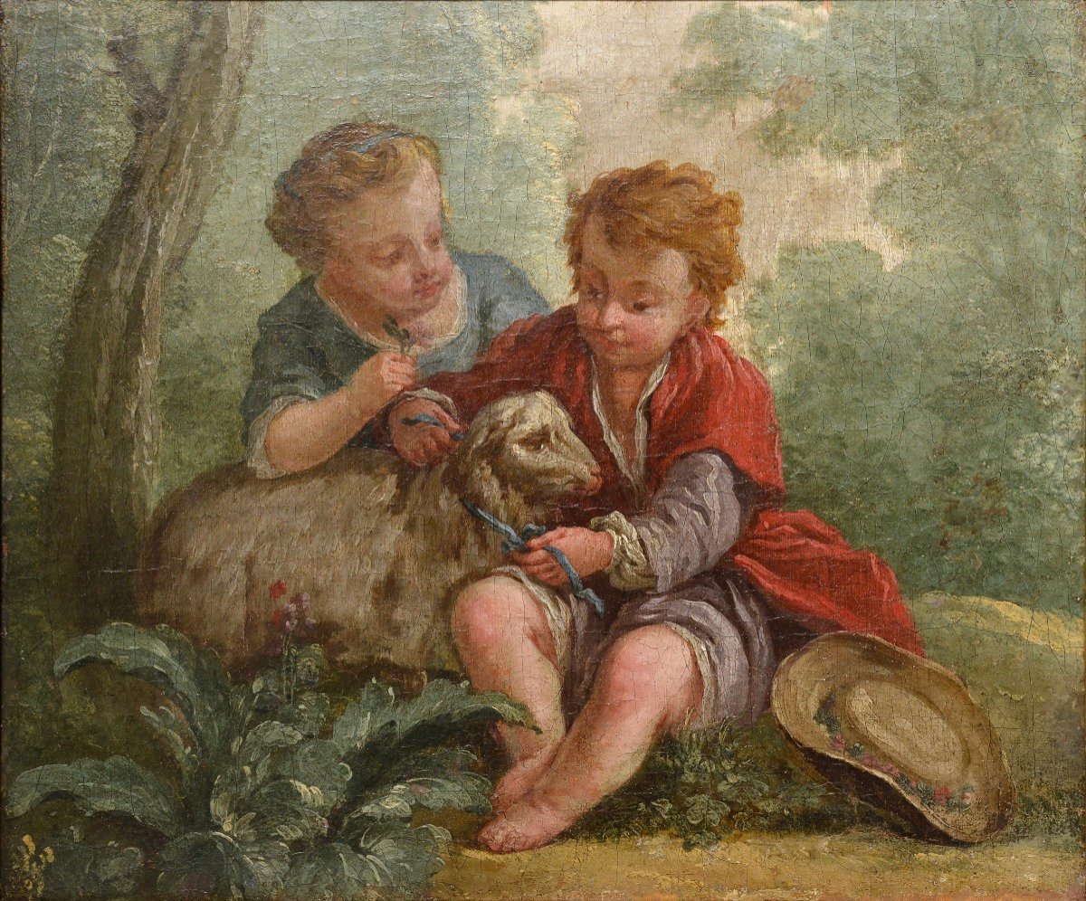Enfants W Scène d'Agneau 18e Siècle Peinture à l'Huile Par Le Maître Rococo Français-photo-2