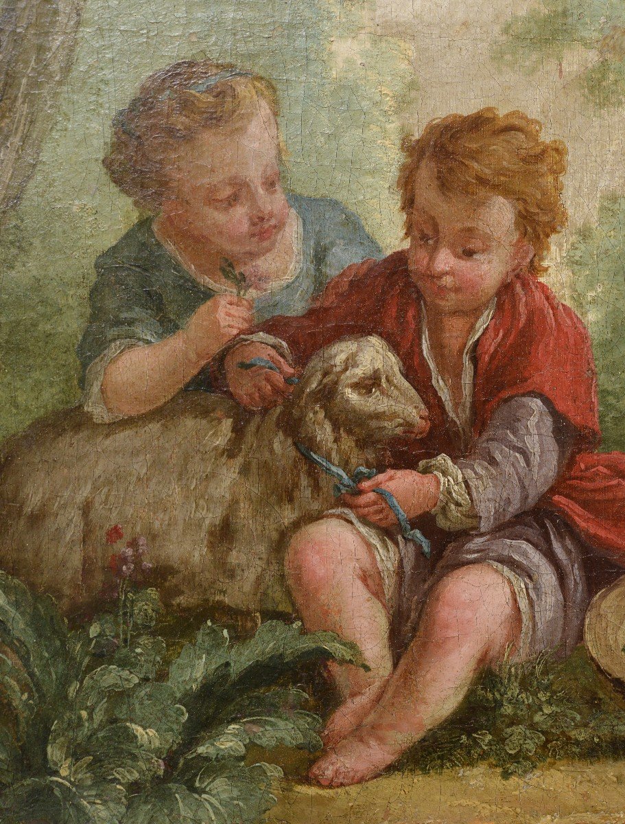 Enfants W Scène d'Agneau 18e Siècle Peinture à l'Huile Par Le Maître Rococo Français-photo-3