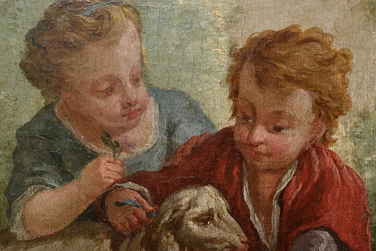 Enfants W Scène d'Agneau 18e Siècle Peinture à l'Huile Par Le Maître Rococo Français-photo-4