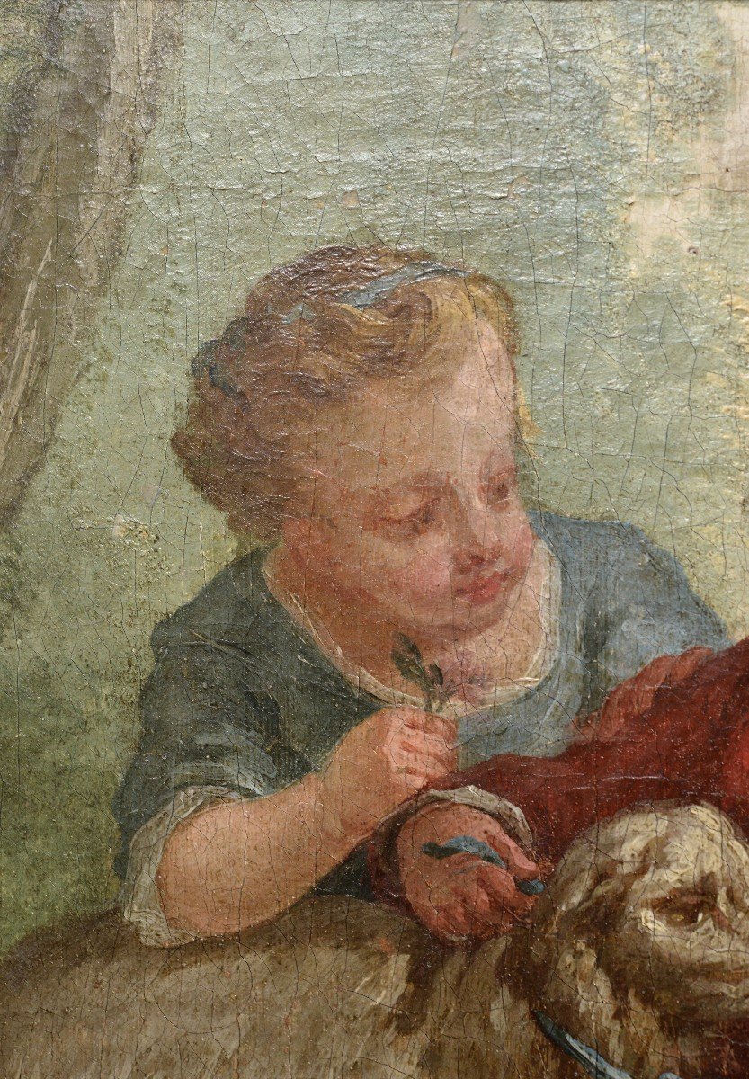 Enfants W Scène d'Agneau 18e Siècle Peinture à l'Huile Par Le Maître Rococo Français-photo-1