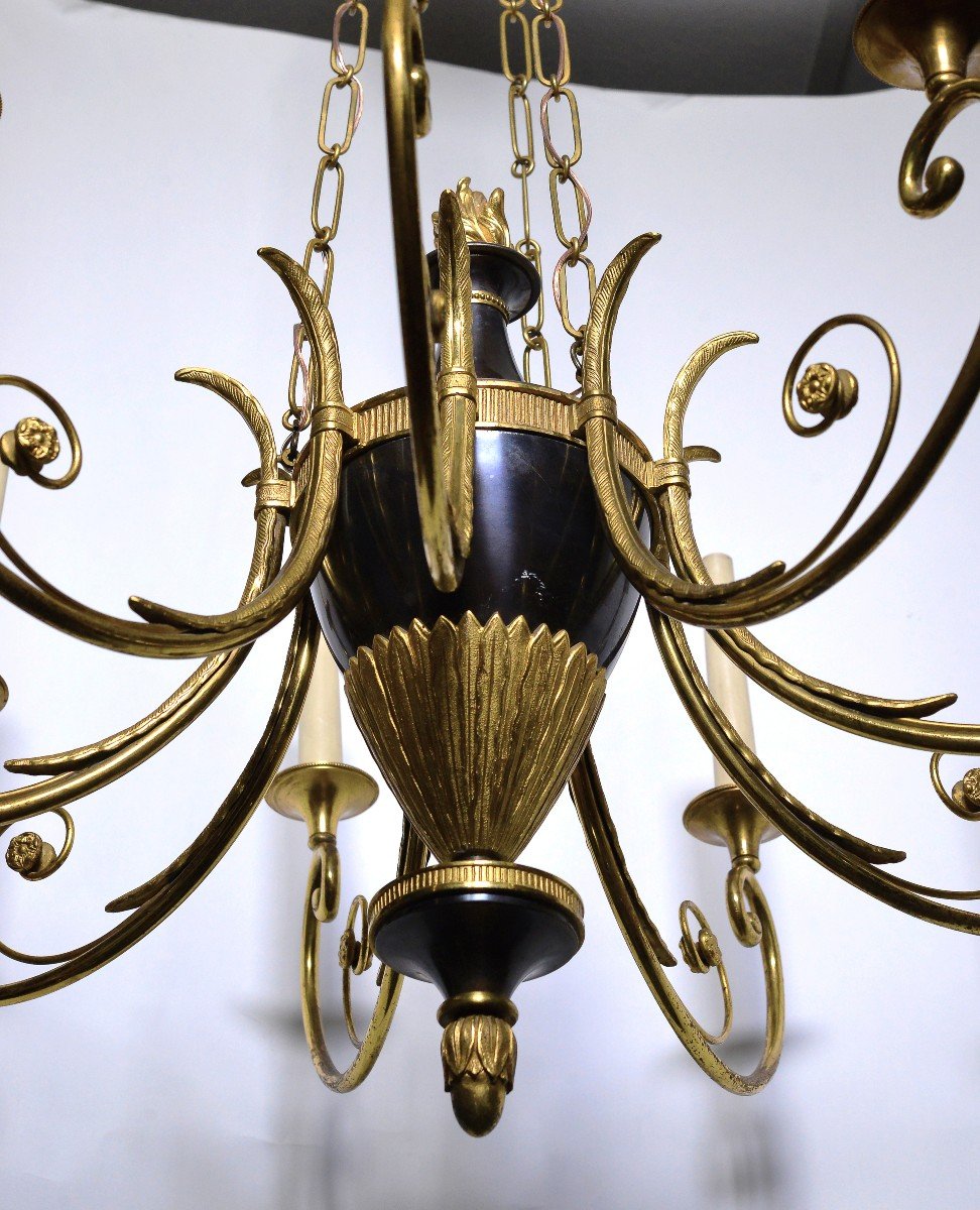 Lustre Ancien Empire En Bronze Doré Et Oxydé 9 Lumières Début XXe Siècle-photo-2