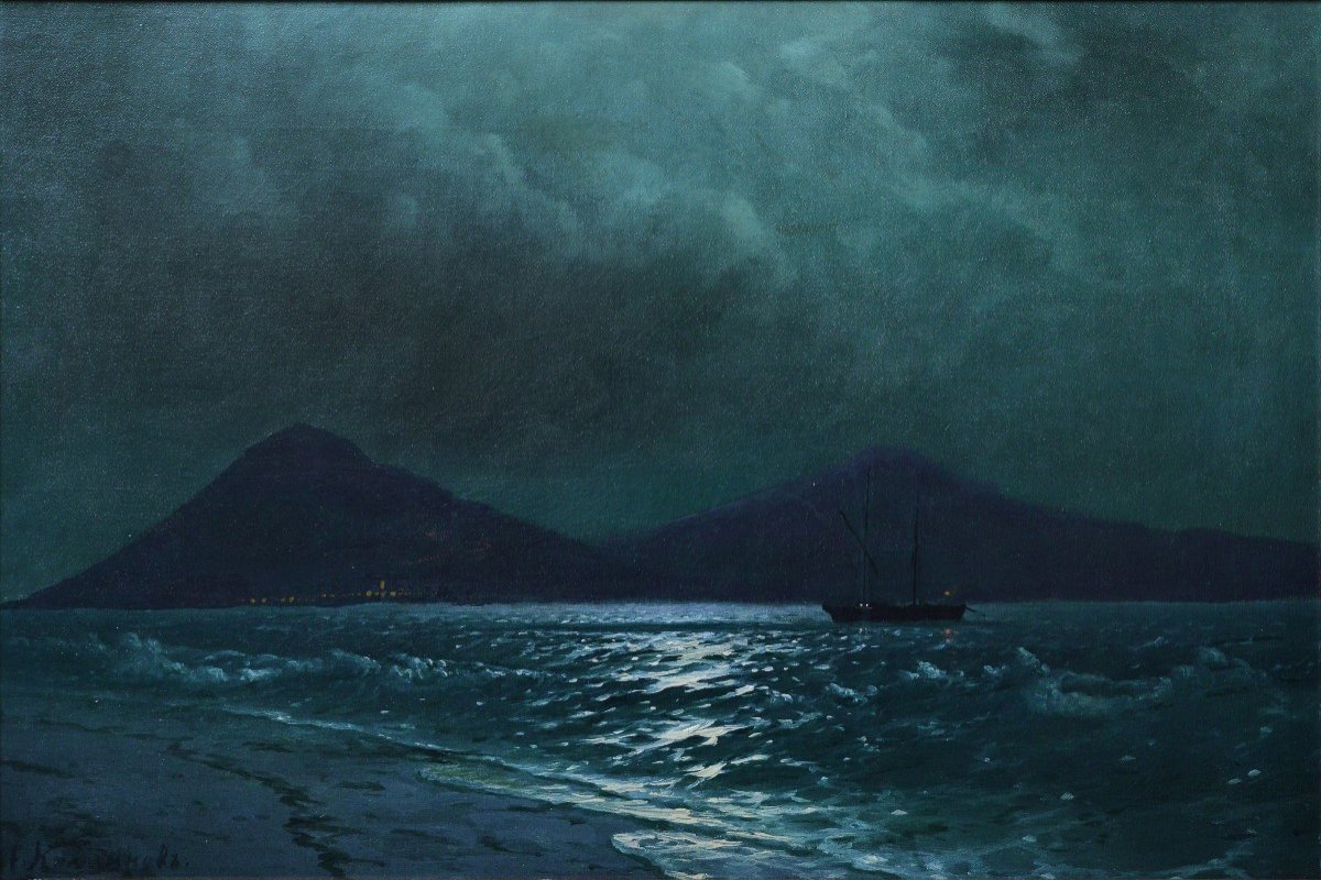 Paysage Marin Vue Au Clair De Lune De La Baie De Crimée 19e Siècle Maître Russe Peinture à l'Hu-photo-2