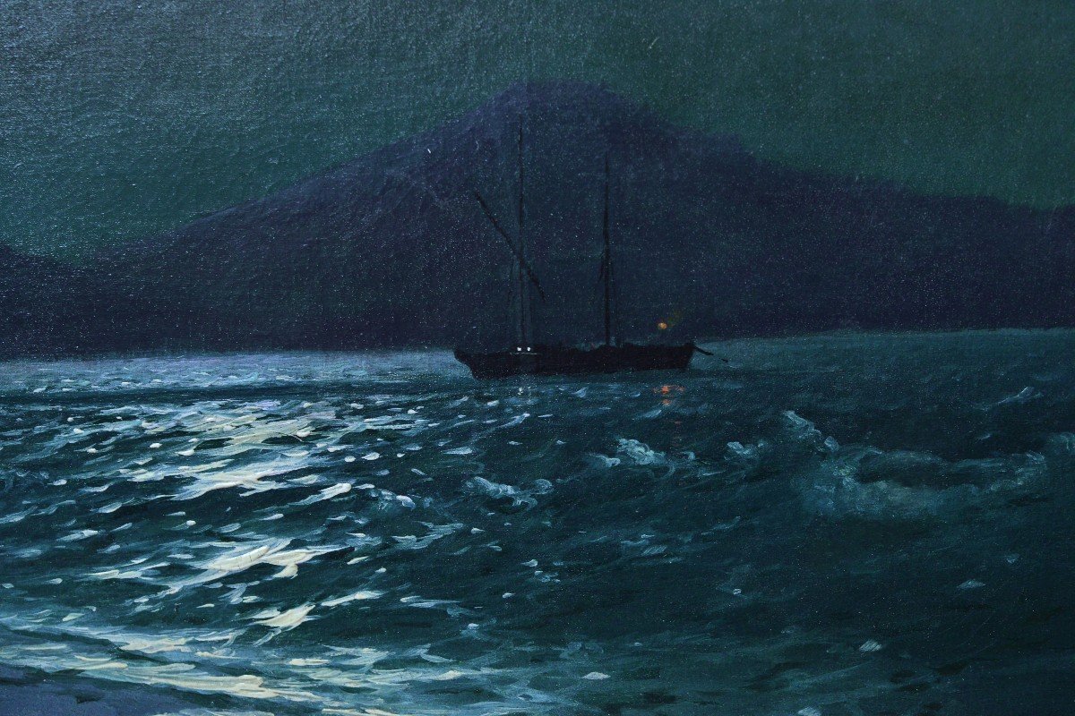 Paysage Marin Vue Au Clair De Lune De La Baie De Crimée 19e Siècle Maître Russe Peinture à l'Hu-photo-3