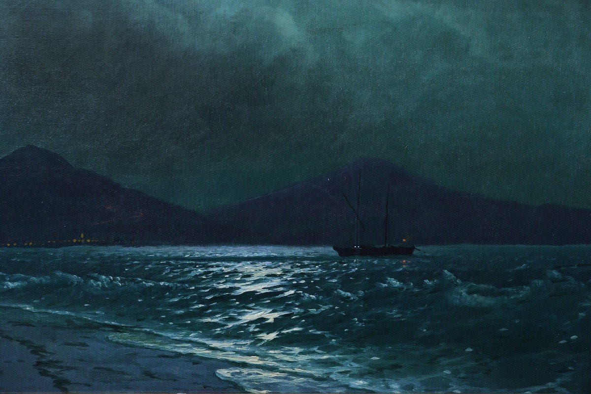 Paysage Marin Vue Au Clair De Lune De La Baie De Crimée 19e Siècle Maître Russe Peinture à l'Hu-photo-1