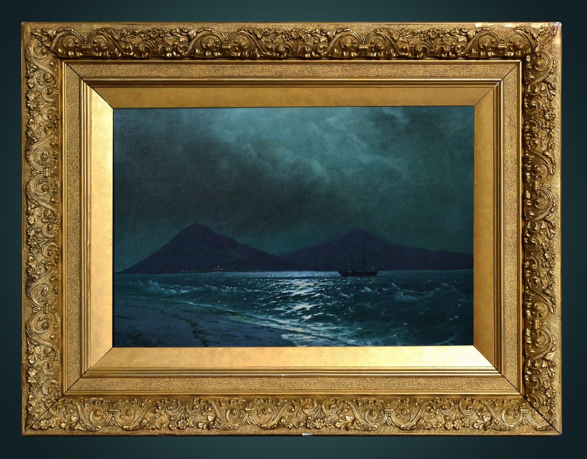 Paysage Marin Vue Au Clair De Lune De La Baie De Crimée 19e Siècle Maître Russe Peinture à l'Hu