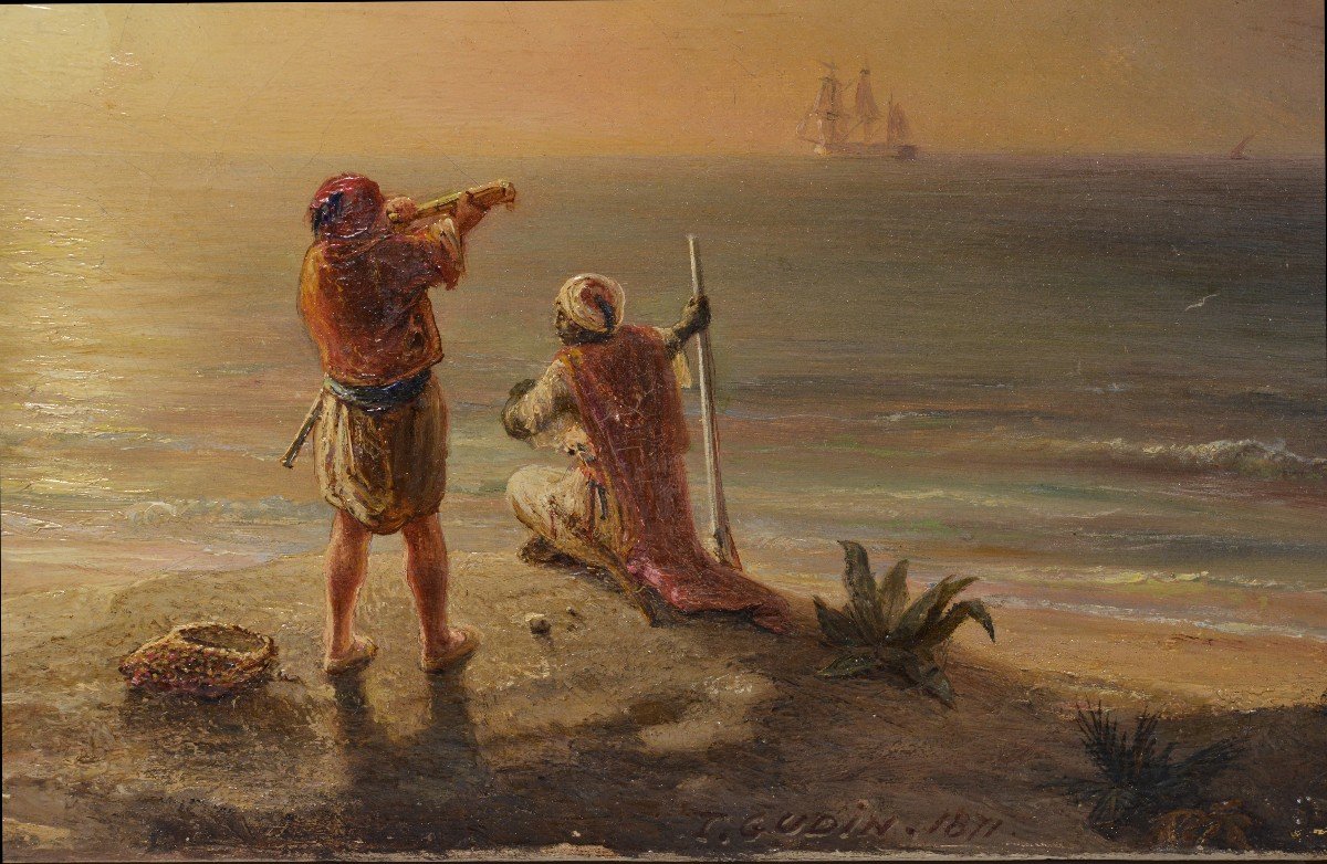 Contrebandiers Sur La Côte Algérienne 1871 Scène Marine Au Coucher Du Soleil Peinture à l'Huile-photo-3