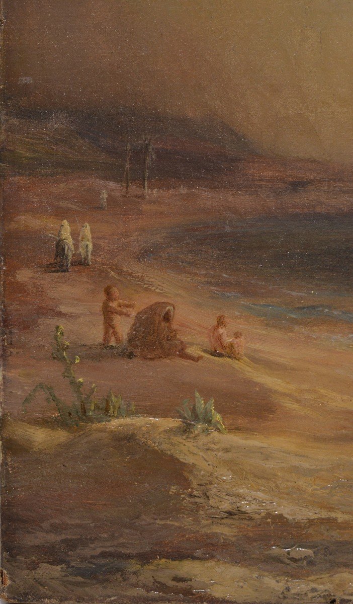 Contrebandiers Sur La Côte Algérienne 1871 Scène Marine Au Coucher Du Soleil Peinture à l'Huile-photo-1