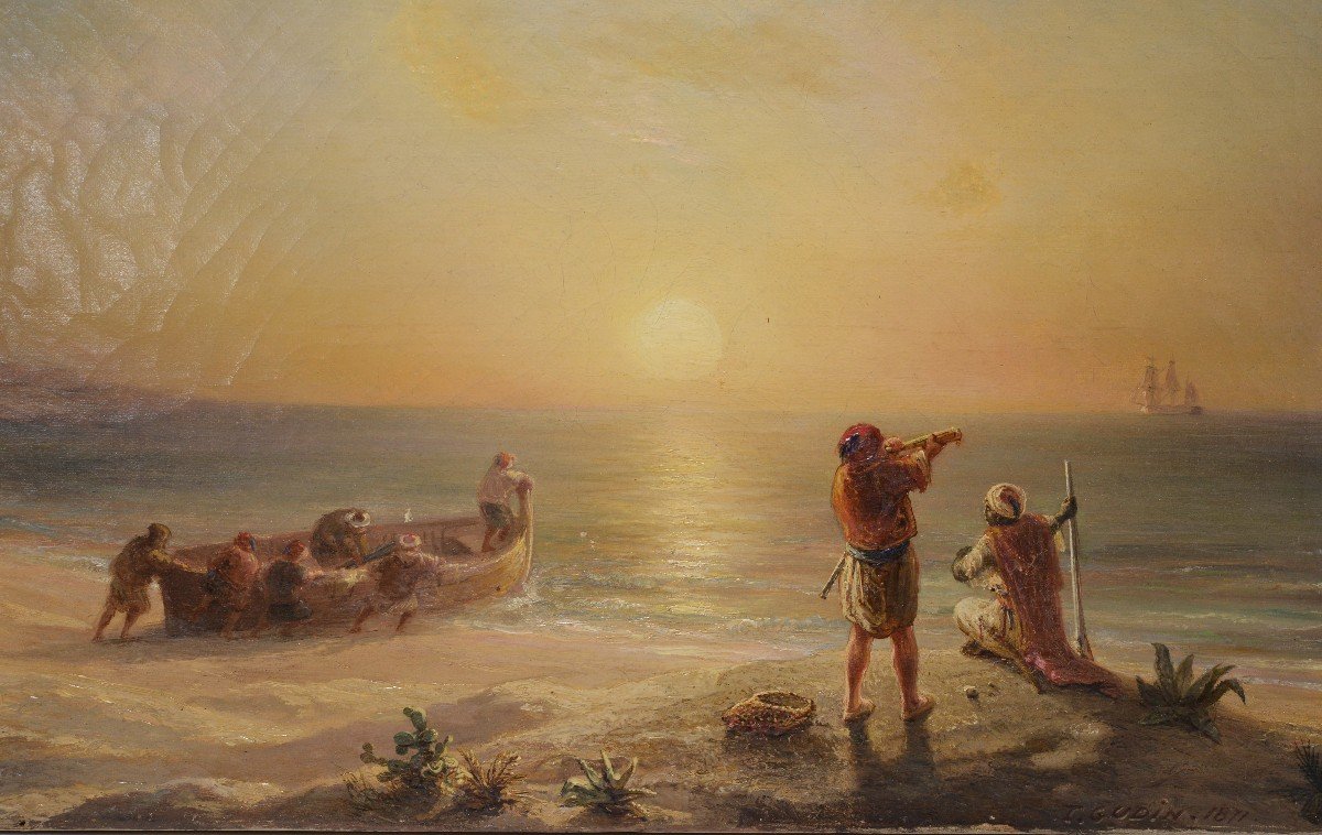 Contrebandiers Sur La Côte Algérienne 1871 Scène Marine Au Coucher Du Soleil Peinture à l'Huile-photo-2