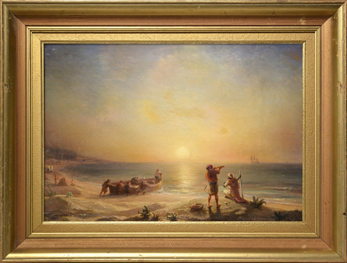 Contrebandiers Sur La Côte Algérienne 1871 Scène Marine Au Coucher Du Soleil Peinture à l'Huile