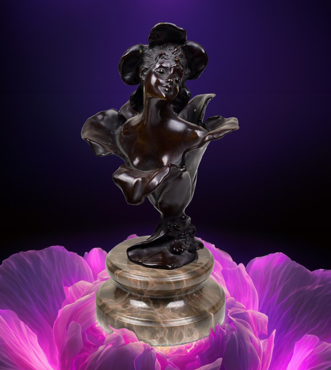 Figurine Of Thumbelina Patinated Bronze N Stone Base 19th Century Art Nouveau