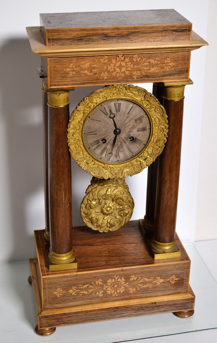 Horloge Portique Française Palissandre N Marqueterie Début 19ème Siècle Doré N Argenté-photo-3