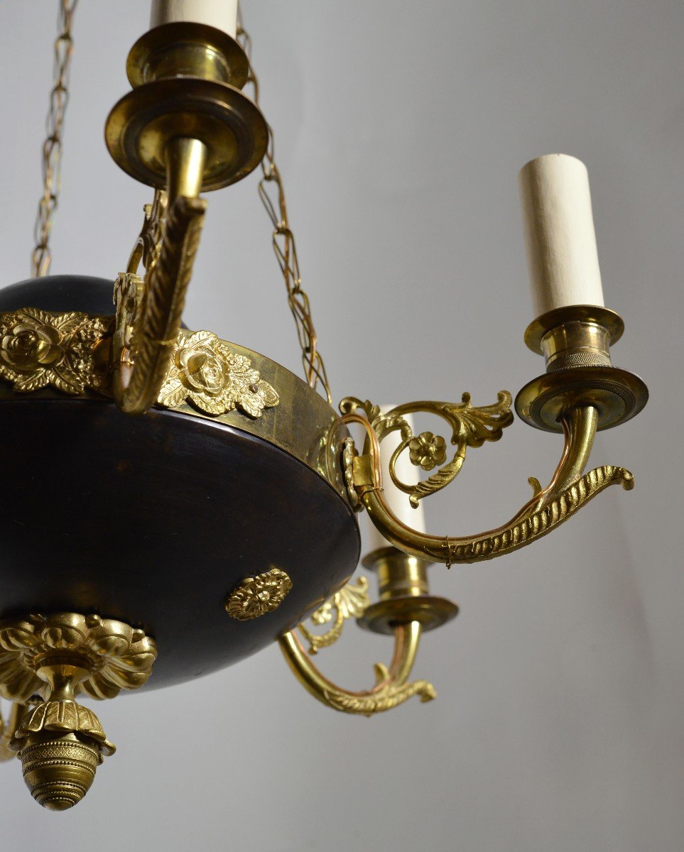 Lustre Empire Bronze Doré Bicolore 6 Lumières Décor Têtes De Lion Et Flore-photo-3