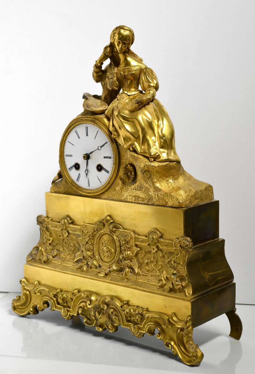 Fille Italienne Avec Mandoline Horloge Figurale Française En Bronze Doré 19ème Siècle-photo-2